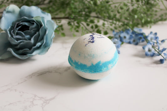 Agave Bleu Bath Bomb, blue and white with blue cornflowers on top