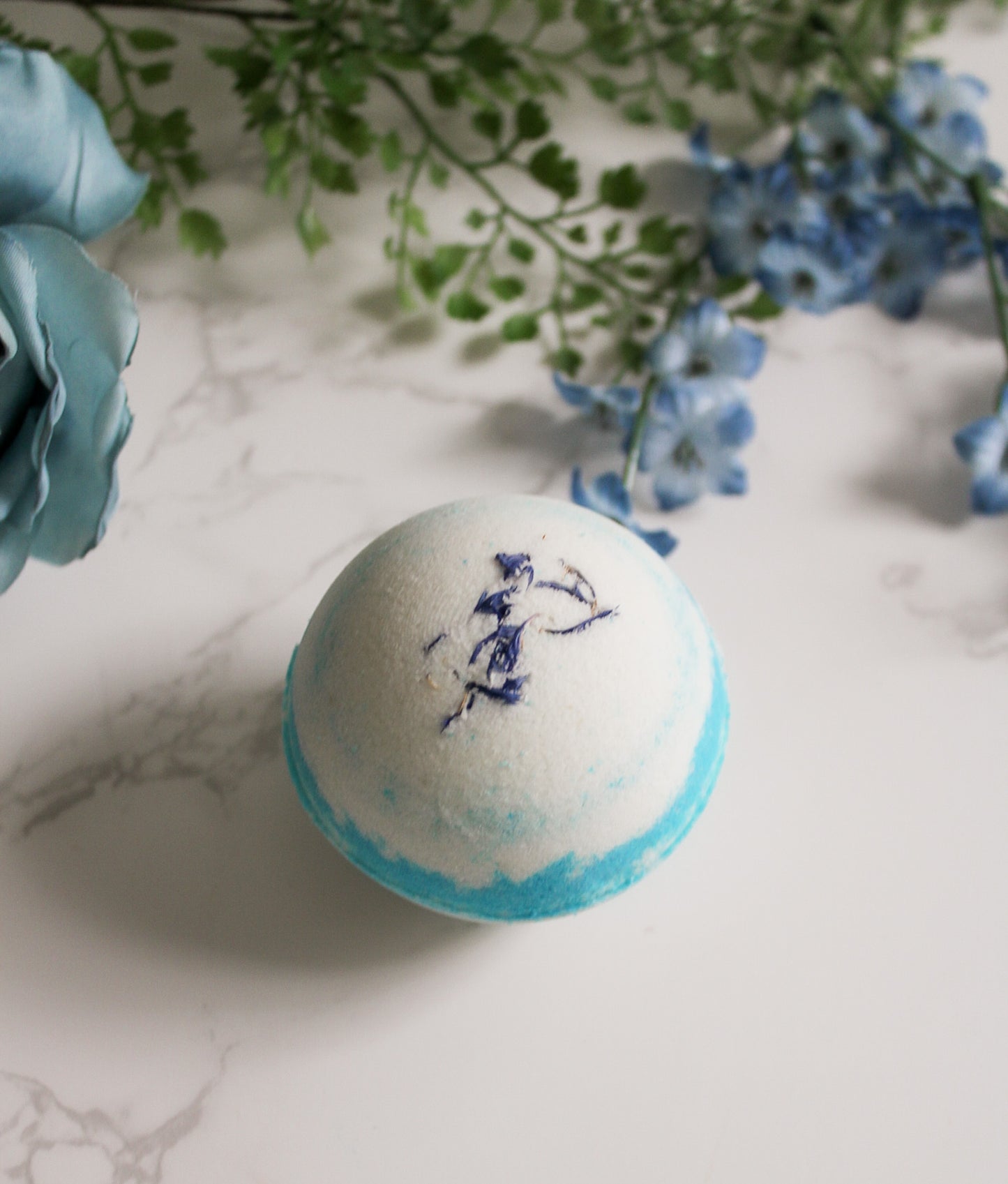 Agave Bleu Bath Bomb, blue and white with blue cornflowers on top