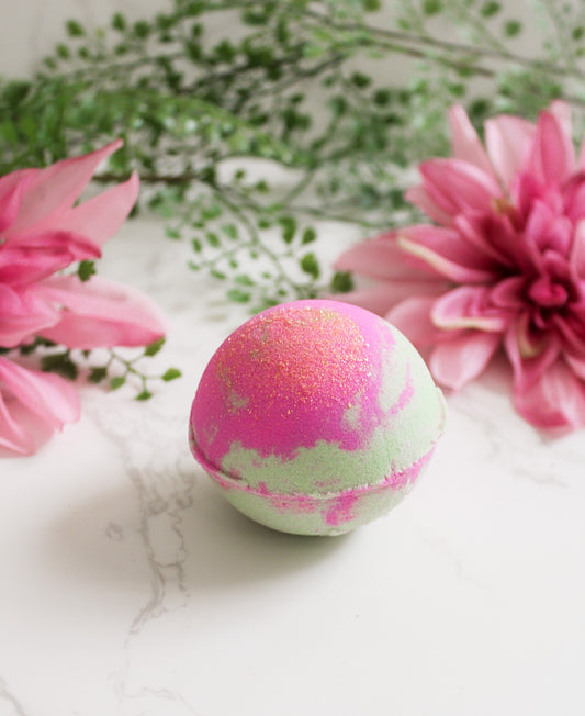 Pink Pear Bath Bomb, green and pink with gold mica shimmer on top
