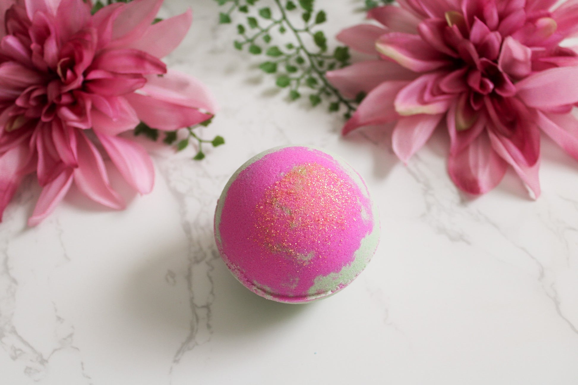 Pink Pear Bath Bomb, green and pink with gold mica shimmer on top