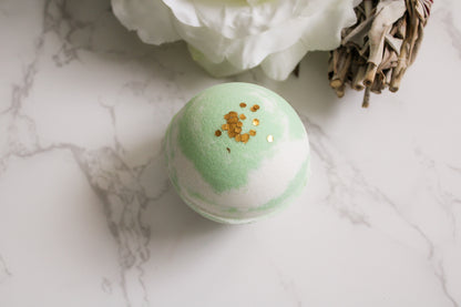 Sage Haven Bath Bomb, green and white with gold biodegradable glitter on top