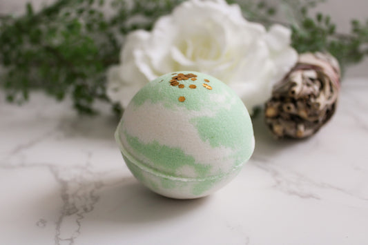 Sage Haven Bath Bomb, green and white with gold biodegradable glitter on top